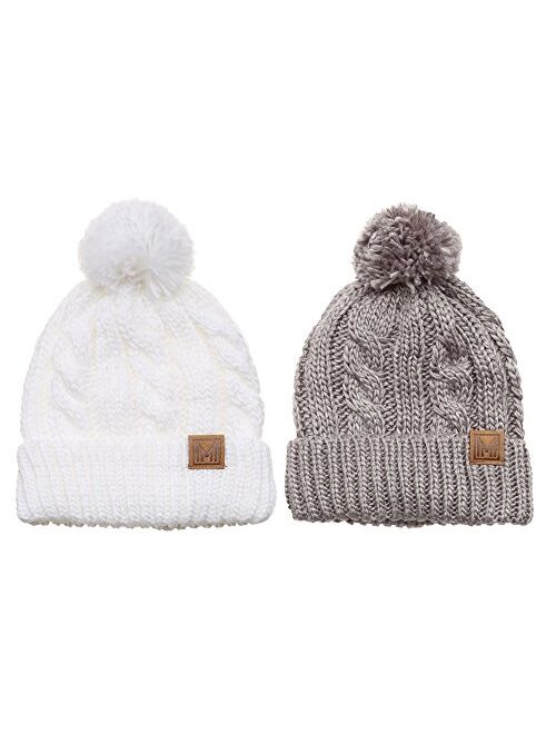 MIRMARU Winter Oversized Cable Knitted Pom Pom Beanie Hat with Fleece Lining.