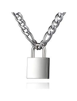 DIBOLA Padlock Necklace Stainless Steel Lock Chain for Men Women Silver 18-24 inch