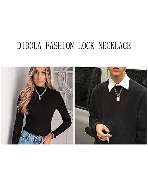 DIBOLA Padlock Necklace Stainless Steel Lock Chain for Men Women Silver 18-24 inch