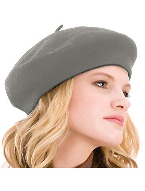 Kimming Womens Beret 100% Wool French Beret Solid Color Beanie Cap Hat