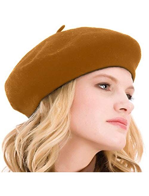 Kimming Womens Beret 100% Wool French Beret Solid Color Beanie Cap Hat