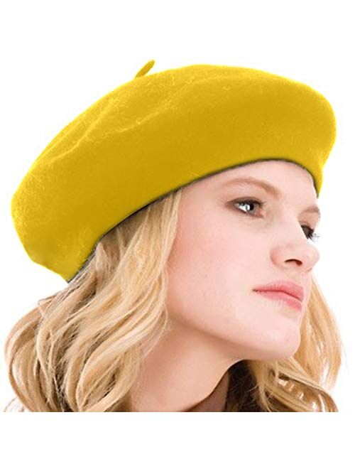 Kimming Womens Beret 100% Wool French Beret Solid Color Beanie Cap Hat