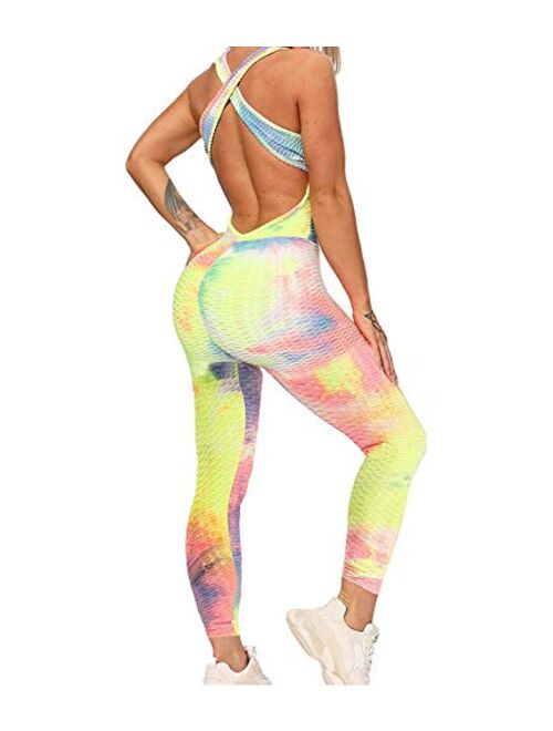 STARBILD Womens Butt Lifting Yoga Jumpsuit Backless Sport Bandage Romper Playsuit Sleeveless Textured Gym Bodysuit