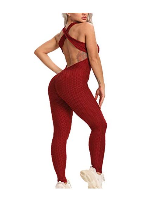 STARBILD Womens Butt Lifting Yoga Jumpsuit Backless Sport Bandage Romper Playsuit Sleeveless Textured Gym Bodysuit