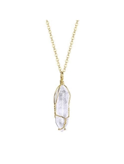 BOUTIQUELOVIN Hexagonal Natural Quartz Stone Pendant Healing Crystal Full Wire Wrap Gemstone Necklace for Women