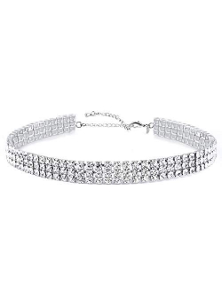 Zealmer White Gold Plated 1-8 Rows Rhinestone Choker Necklace for Women