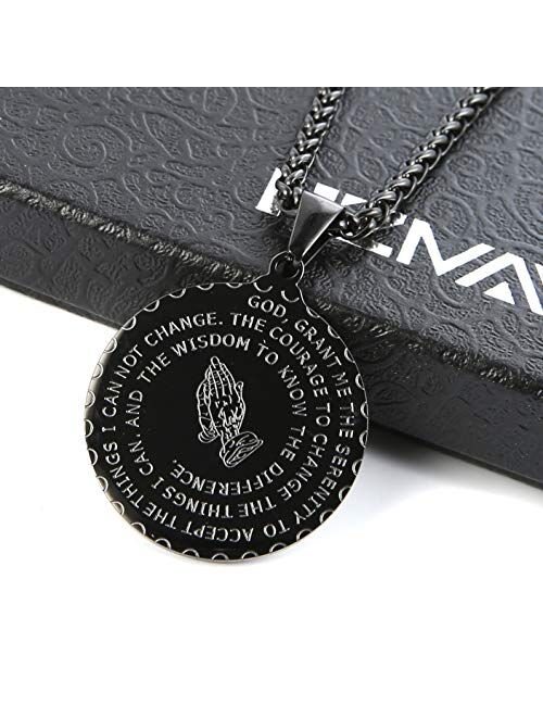 HZMAN Bible Verse Prayer Necklace Christian Jewelry Gold Stainless Steel Praying Hands Coin Medal Pendant