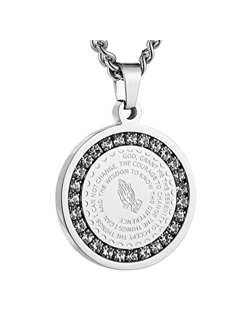 HZMAN Bible Verse Prayer Necklace Christian Jewelry Gold Stainless Steel Praying Hands Coin Medal Pendant