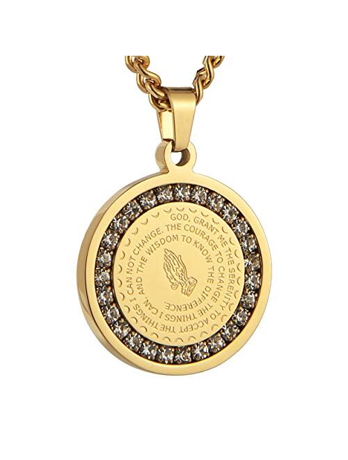 HZMAN Bible Verse Prayer Necklace Christian Jewelry Gold Stainless Steel Praying Hands Coin Medal Pendant