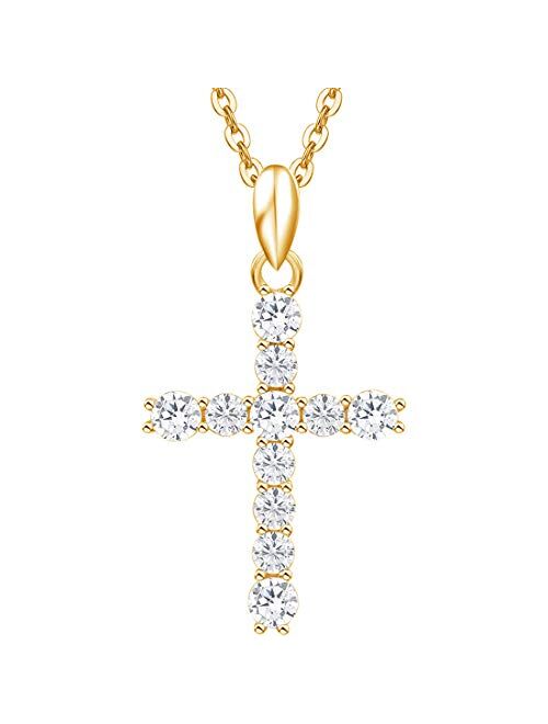 Carleen White Gold Plated 925 Sterling Silver Lab Created Colorstone Birthstone Crucifix Cross Prong Pendant Necklace Faithful Gift Ideas for Her, 16" + 2" Extender