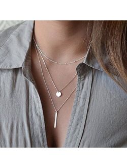 FXmimior Multilayer Necklace 3 Tier Pendant Long Chain Women Accessories(silver)