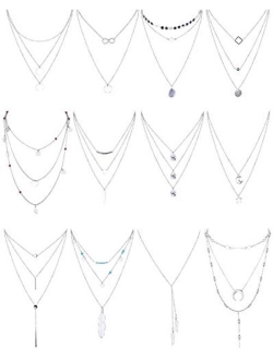 Finrezio 12 PCS Gold & Silver Tone Layered Necklace for Women Girls Sexy Long Choker Chain Y Necklace Bar Feather Pendent Necklace Sets