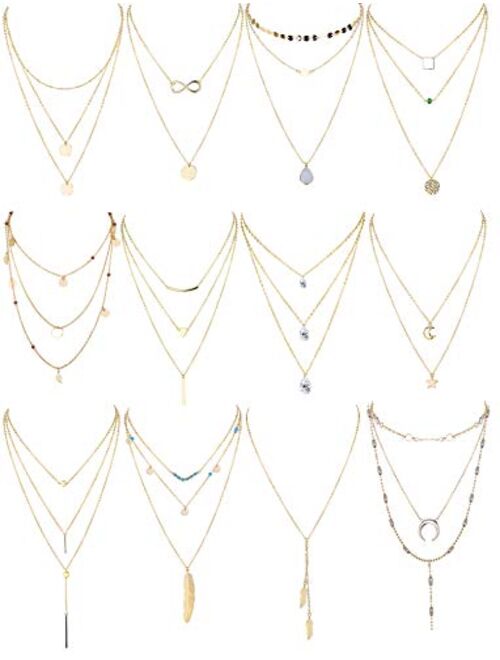 Finrezio 12 PCS Gold & Silver Tone Layered Necklace for Women Girls Sexy Long Choker Chain Y Necklace Bar Feather Pendent Necklace Sets