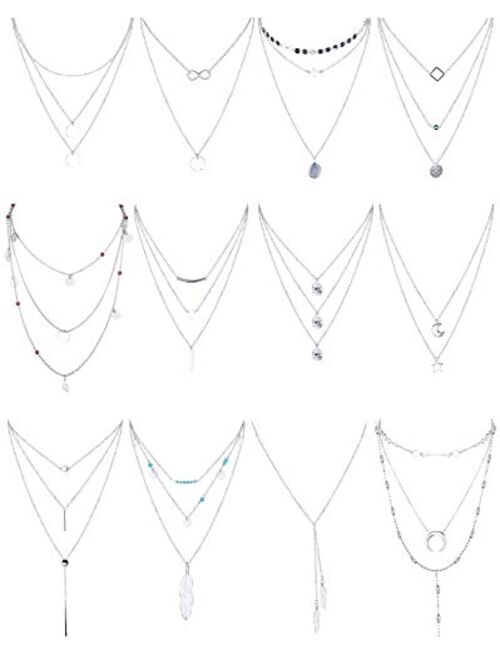 Finrezio 12 PCS Gold & Silver Tone Layered Necklace for Women Girls Sexy Long Choker Chain Y Necklace Bar Feather Pendent Necklace Sets