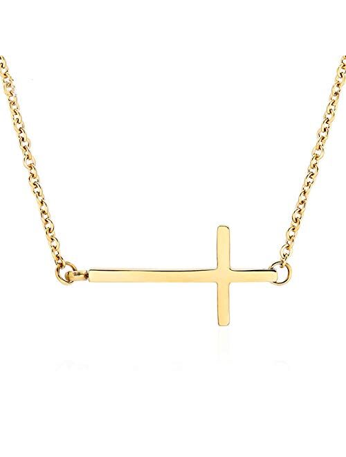 Sideways Cross Necklace 18k Gold Plated Stainless Steel Simple Small Cross Pendant From Ghome Offer Silver or Gold Color 18 Inches for Women Girls with Gift Box