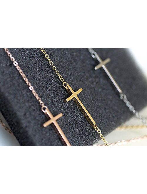 Sideways Cross Necklace 18k Gold Plated Stainless Steel Simple Small Cross Pendant From Ghome Offer Silver or Gold Color 18 Inches for Women Girls with Gift Box