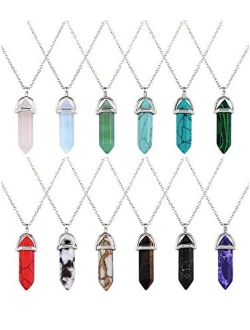 12 Pieces Hexagonal Chakra Crystal Bullet Shape Gemstone Pendant Necklaces Pointed Quartz Stone Chain Necklaces Artificial Stone with Storage Bag