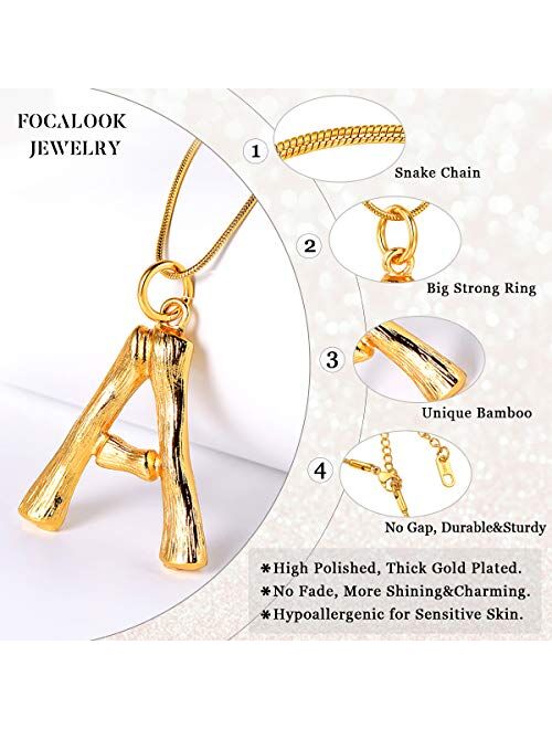 FOCALOOK 18K Gold Plated Bamboo Necklace Stainless Steel Statement Big Letter/Number Pendant Necklace