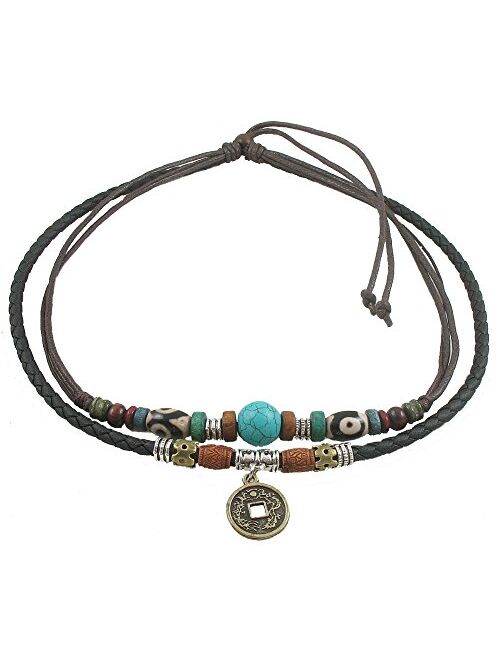 Ancient Tribe Unisex Adjustable Hemp Genuine Leather Necklace Choker Turquoise Bead (Black)