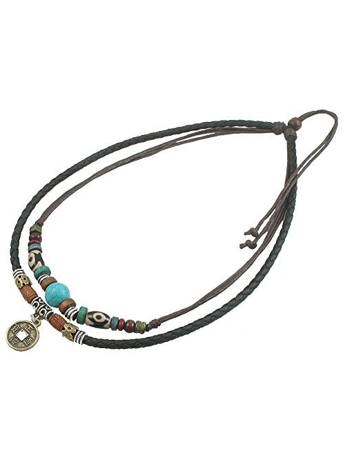 Ancient Tribe Unisex Adjustable Hemp Genuine Leather Necklace Choker Turquoise Bead (Black)