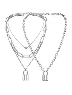 Tanyoyo Lock Key Pendant Necklace Statement Long Chain Punk Multilayer Choker Necklace for Women Men