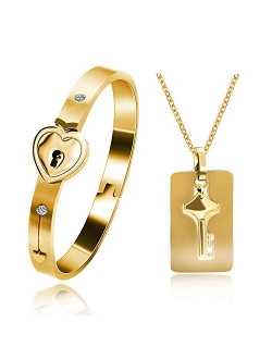 Uloveido Rose Gold Plated Titanium Matching Puzzle Couple Heart Lock Bracelet and Key Pendant Necklace for Men and Women