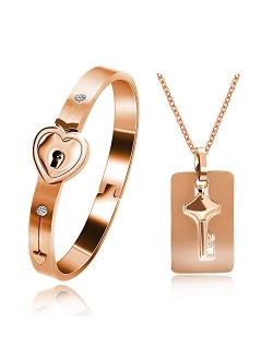 Uloveido Rose Gold Plated Titanium Matching Puzzle Couple Heart Lock Bracelet and Key Pendant Necklace for Men and Women