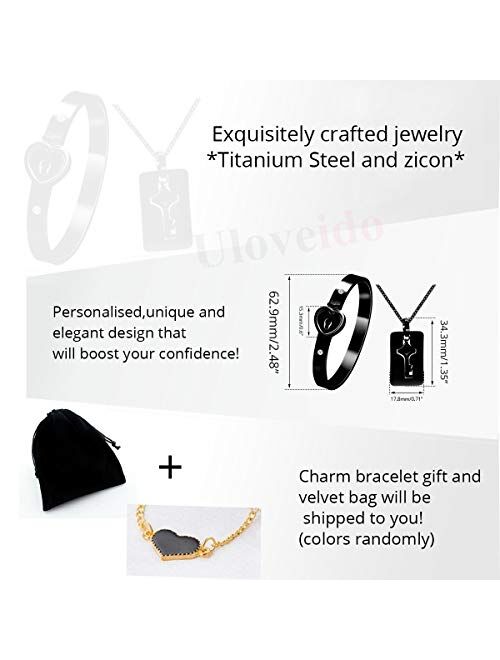 Uloveido Rose Gold Plated Titanium Matching Puzzle Couple Heart Lock Bracelet and Key Pendant Necklace for Men and Women