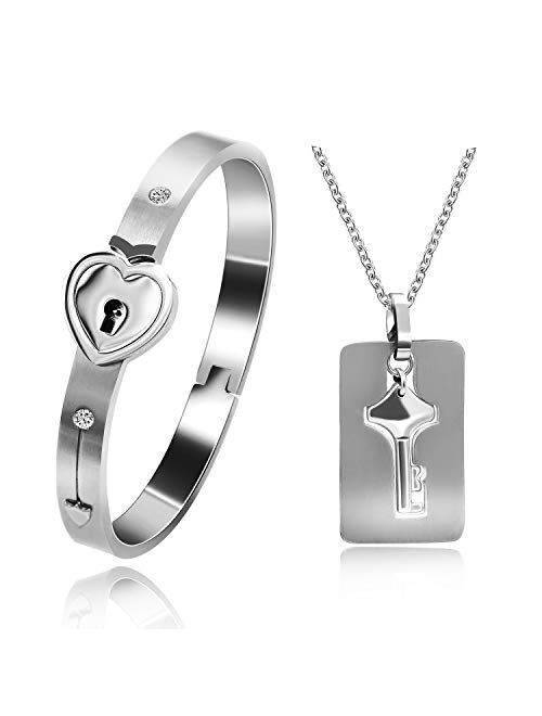 Uloveido Rose Gold Plated Titanium Matching Puzzle Couple Heart Lock Bracelet and Key Pendant Necklace for Men and Women