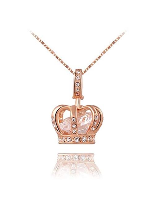 TIDOO Jewelry Womens Queen Crown Pendant Necklace 3 Lays Rose Gold/Platinum Plated with Austrain Crystals