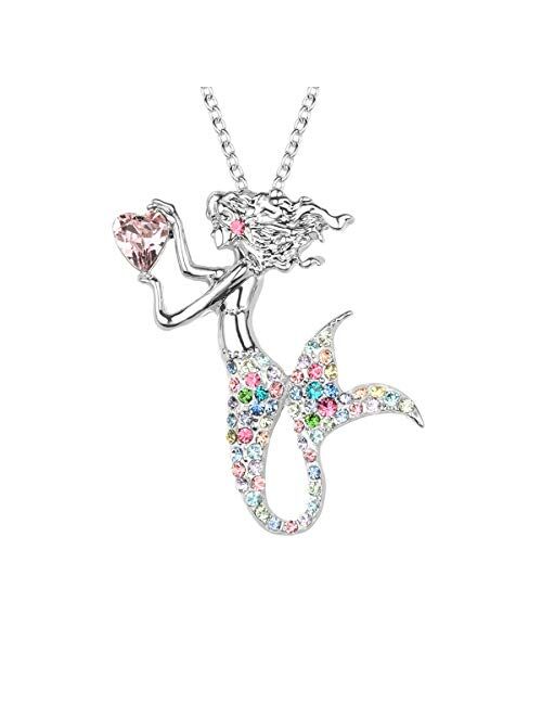 luomart Fashion Mermaid Birthstone Necklace Jewelry White Gold Plated Austrian Crystal Pendant Gift for Girls Women