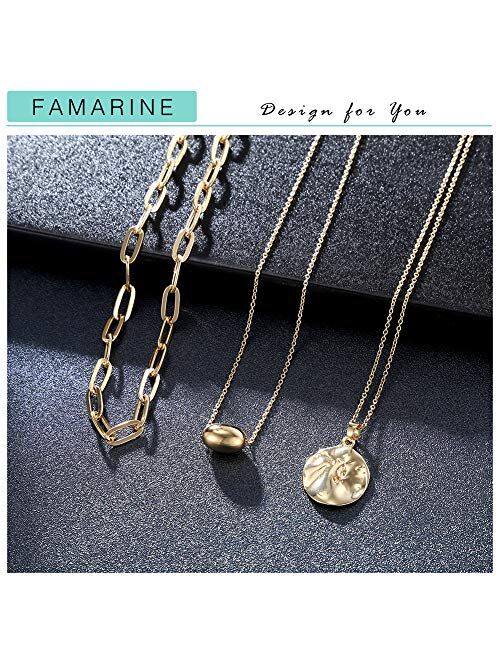 FAMARINE Gold Layered Pendant Long Necklace, 3 Layer Choker Necklace Chain Pendant Costume Jewelry for Women