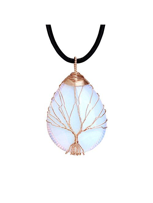 POTESSA Tree of Life Teardrop Heart Amethyst Opal Pendant Necklace Copper Wire Wrapped Gemstone Healing Chakra Necklace Choker 18