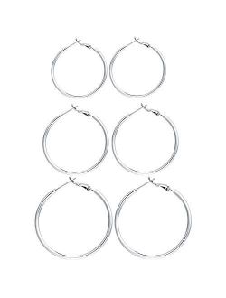 3 Pairs Sterling Silver Hoop Earrings - 14k White Gold Plated Hoop Earrings Big Hoop Earrings Set Silver Hoop Earrings for Women Girls Valentine's Day Gift (40MM 50MM 60M