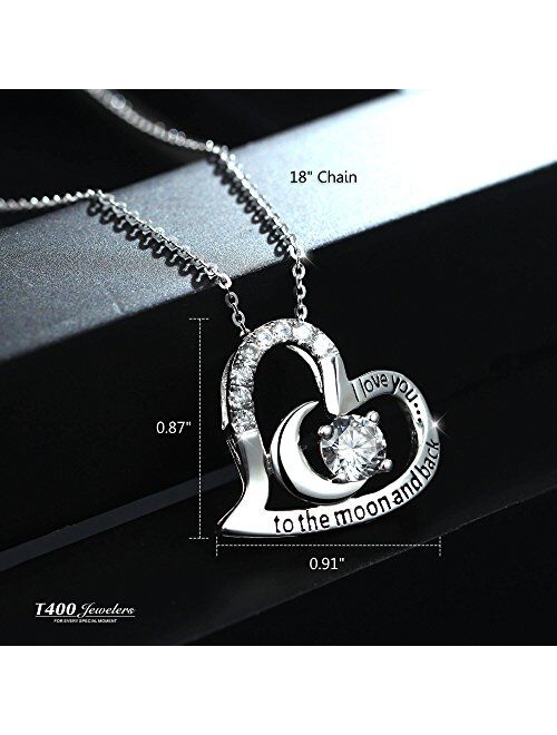 T400 925 Sterling Silver Necklace I Love You to The Moon and Back White Cubic Zirconia Moon Heart Pendant Birthday Gift for Women Girls