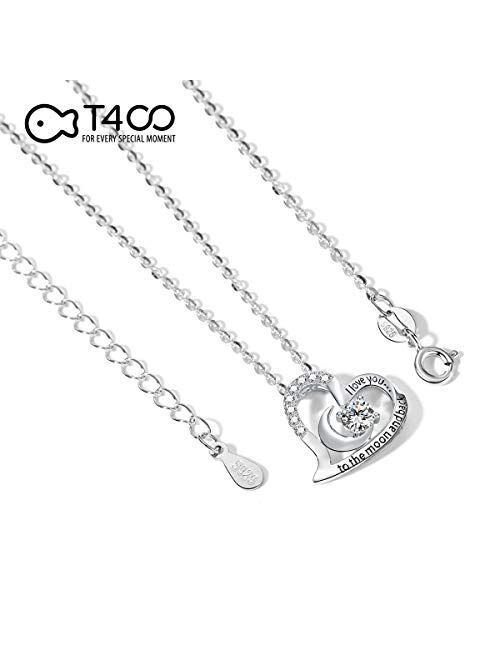 T400 925 Sterling Silver Necklace I Love You to The Moon and Back White Cubic Zirconia Moon Heart Pendant Birthday Gift for Women Girls