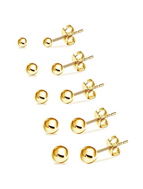 UHIBROS Hypoallergenic Studs Earrings 316L Surgical Stainless Steel Round Ball Earring 5 Pairs Assorted Sizes(4mm-8mm)