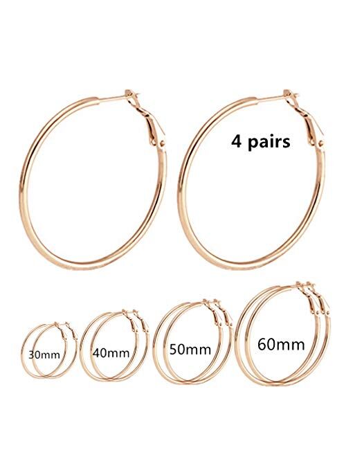 Calors Vitton 4 Pairs Stainless Steel Round Hoop Earrings for Women 15mm-60mm