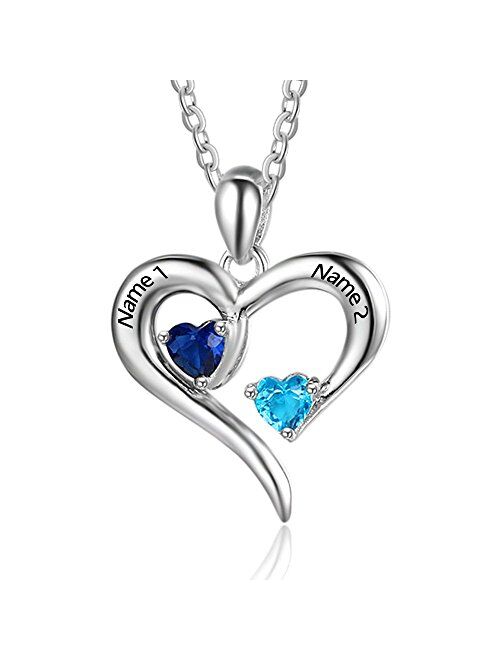 Sterling Silver Personalized 2 Names Simulated Birthstones Necklaces 2 Couple Hearts Name Engraved Pendants for Women