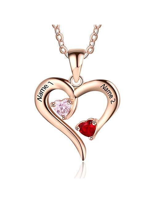 Sterling Silver Personalized 2 Names Simulated Birthstones Necklaces 2 Couple Hearts Name Engraved Pendants for Women