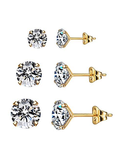 CZ Stud Earrings 925 Sterling Silver 18K Gold Plated Round Cubic Zirconia Hypoallergenic Set