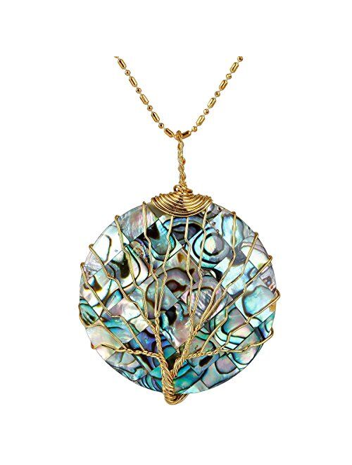 SUNYIK Abalone Shell Tree of Life Pendant,Necklaces for Women,Copper Wire Wrapped Jewelry,Assorted Shapes