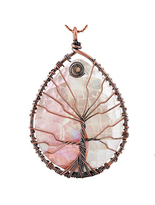 SUNYIK Abalone Shell Tree of Life Pendant,Necklaces for Women,Copper Wire Wrapped Jewelry,Assorted Shapes