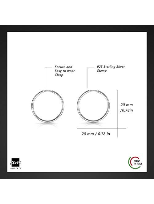 Amberta 925 Sterling Silver Fine Circle Endless Hoops - Polished Round Sleeper Earrings Diameter Size: 20 30 40 60 80 mm