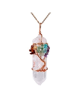 Bivei Tree of Life Copper Wire Wrapped Natural Quartz Necklace Reiki Healing Crystal Point Chakra Pendant Jewelry Gift for Women