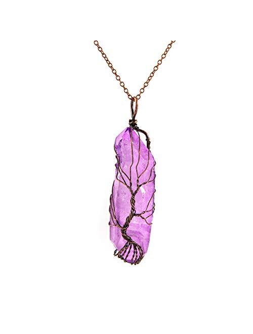 Bivei Tree of Life Copper Wire Wrapped Natural Quartz Necklace Reiki Healing Crystal Point Chakra Pendant Jewelry Gift for Women