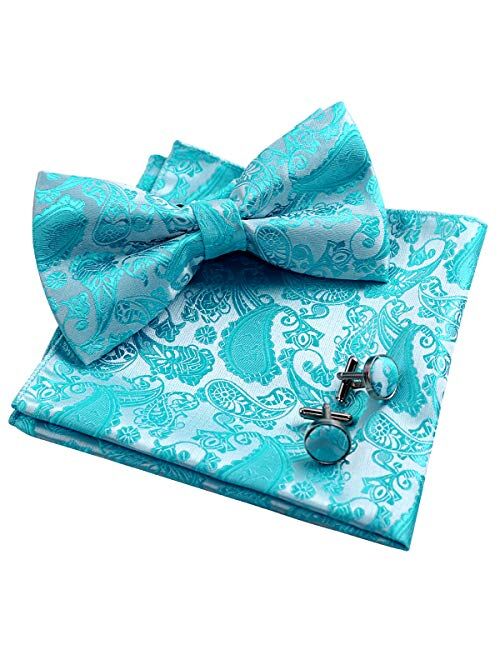 Alizeal Mens Classic Paisley Bow Tie, Hanky and Cufflinks Set