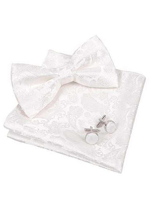 Alizeal Mens Classic Paisley Bow Tie, Hanky and Cufflinks Set