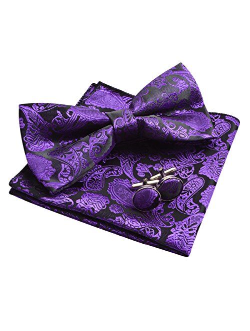 Alizeal Mens Classic Paisley Bow Tie, Hanky and Cufflinks Set