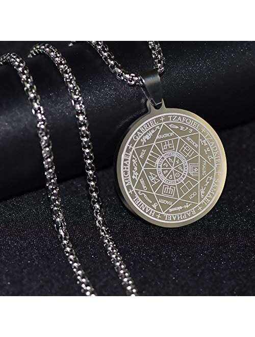 FLYUN Seals of The Seven Archangels Pendant Choker Statement Silver Stainless Steel Necklace